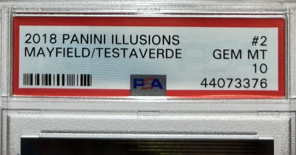 Slab label for 2018 Panini Illusions Baker Mayfield / Vinny Testaverde #2.