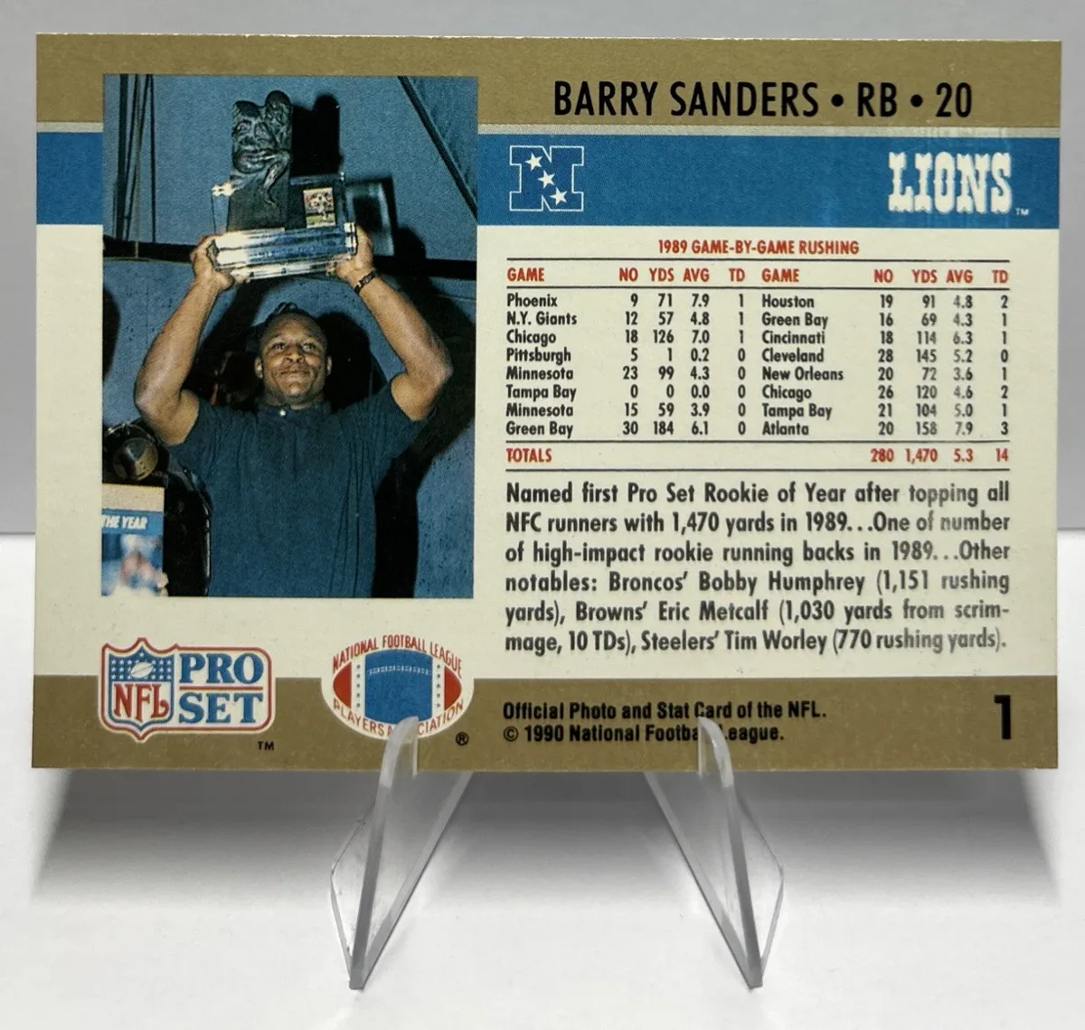 Back of 1990 Pro Set Barry Sanders Rookie of the Year #1.
