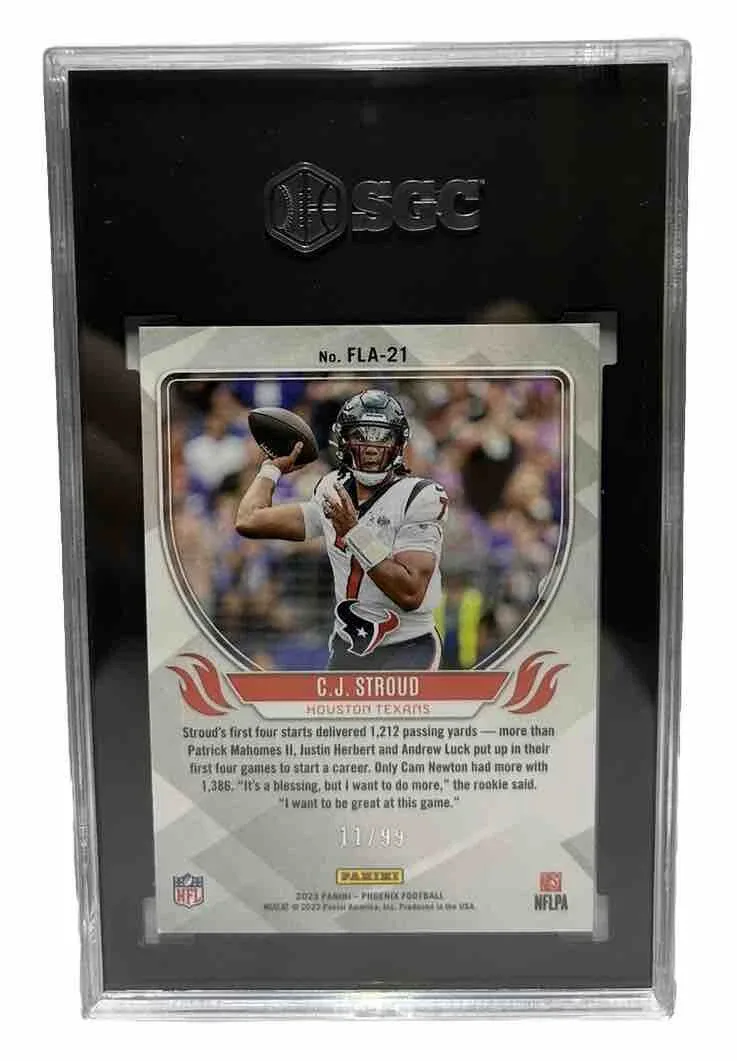 Back of 2023 Panini Phoenix C.J. Stroud Flame Throwers #FLA-21.