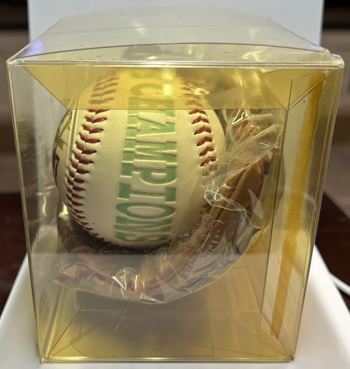 Detail of 1997 Florida Marlins World Series Ball and Mini Glove.