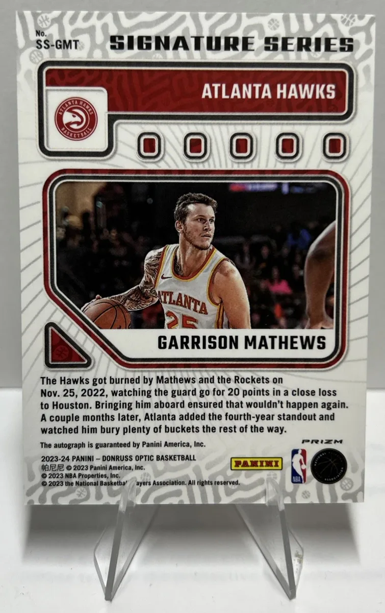 Back of 2023–24 Donruss Optic Garrison Mathews Green Autograph.