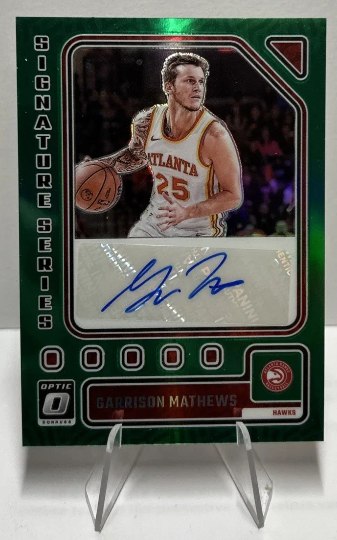 Front of 2023–24 Donruss Optic Garrison Mathews Green Autograph.