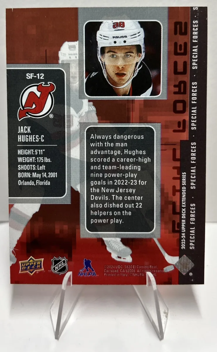 Back of 2023–24 Upper Deck Jack Hughes Special Forces #SF-12.