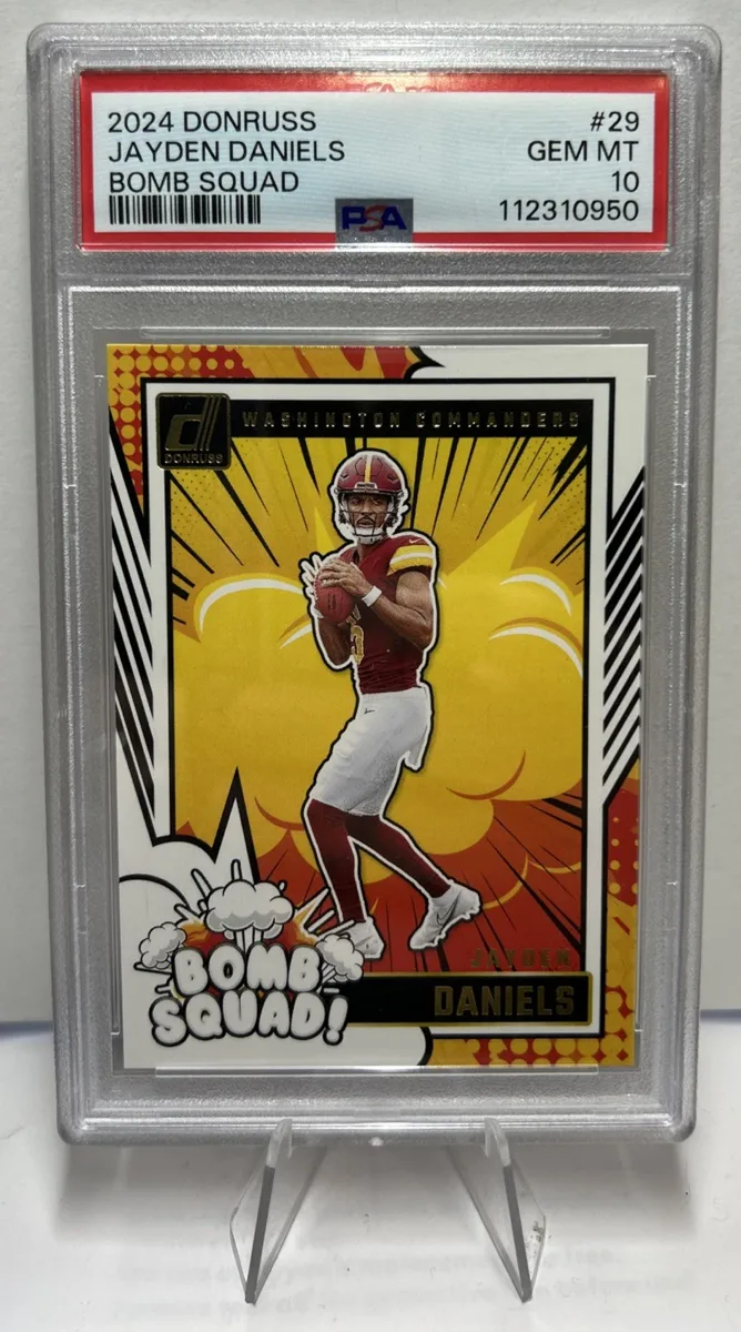 Front of 2024 Donruss Jayden Daniels Bomb Squad #29.