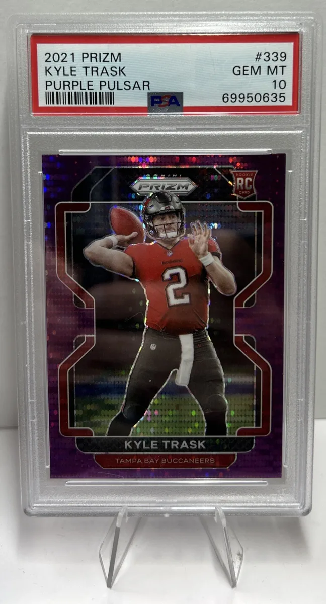 Front of 2021 Panini Prizm Kyle Trask Purple Pulsar #339.