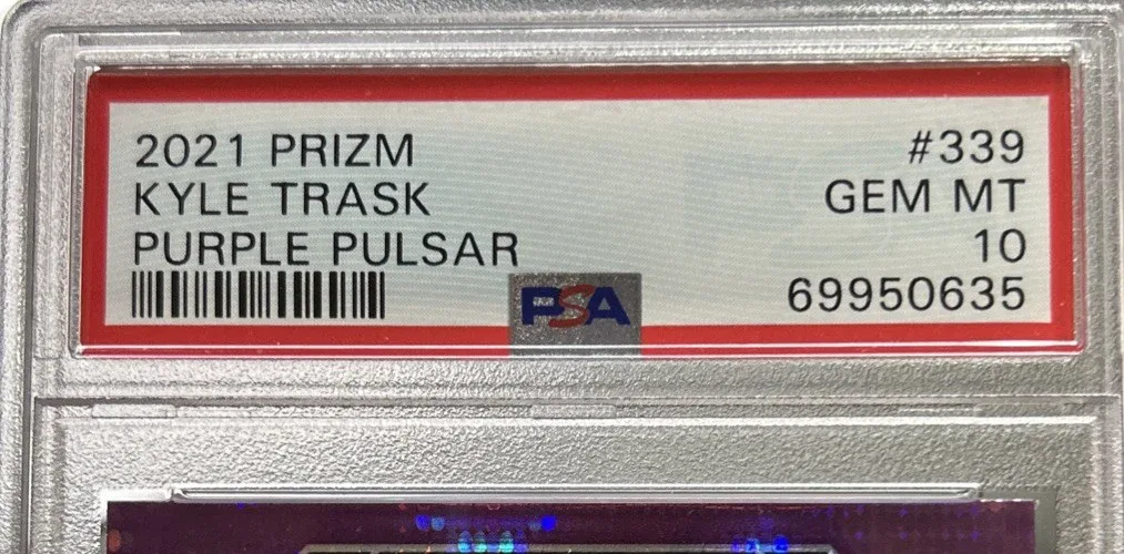 Slab label for 2021 Panini Prizm Kyle Trask Purple Pulsar #339.