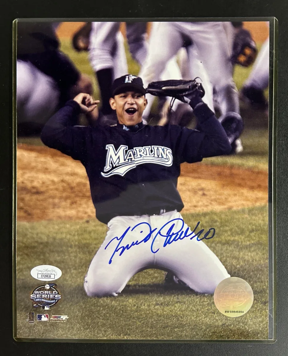 Signature detail on Miguel Cabrera Signed Florida Marlins Photograph.