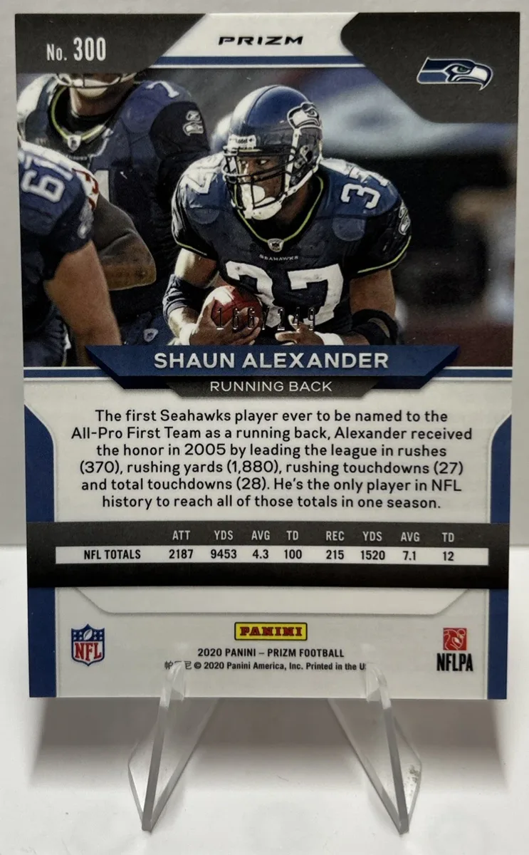 Back of 2020 Panini Prizm Shaun Alexander Orange Prizm #300.