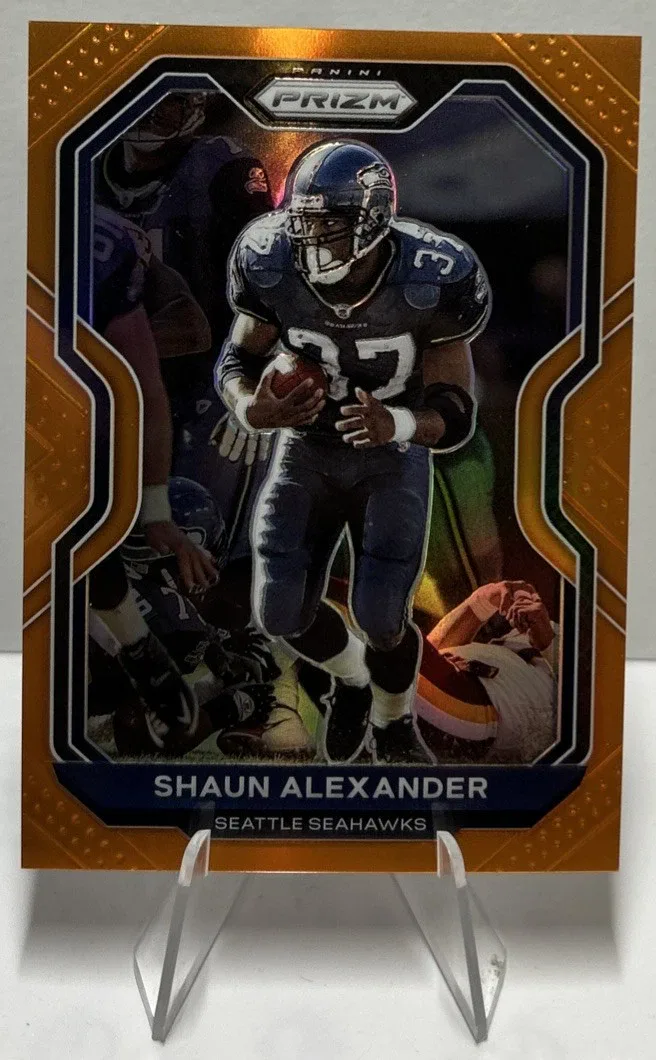 Front of 2020 Panini Prizm Shaun Alexander Orange Prizm #300.