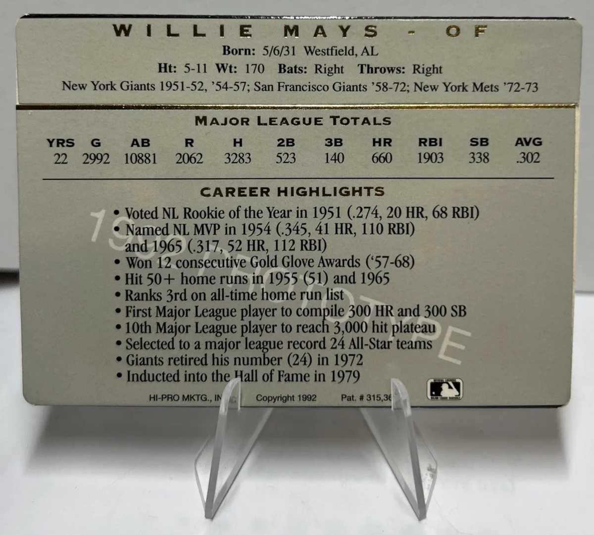 Back of 1992 Action Packed Willie Mays Prototype.